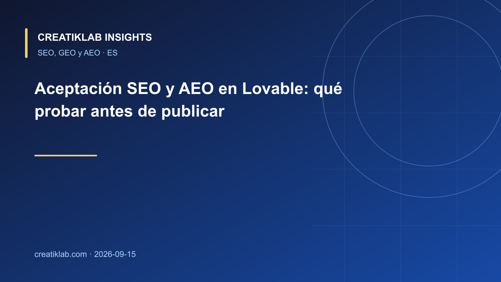 Flujo de aceptación SEO y AEO para publicar un sitio creado con Lovable